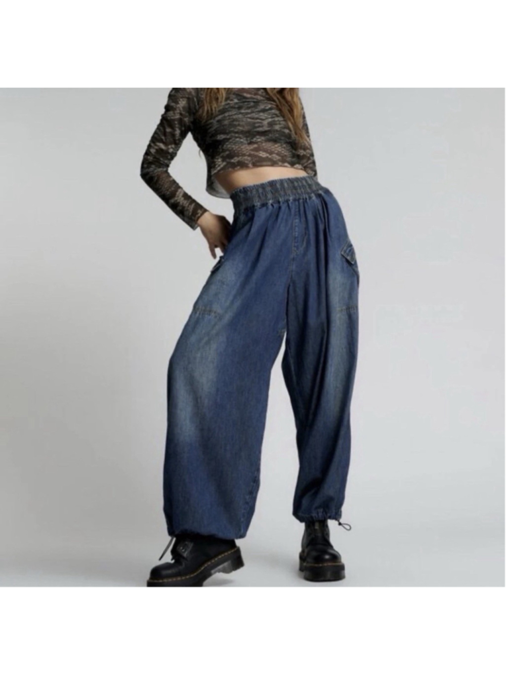 One Teaspoon x Free People NWT Denim Parachute Cargo Pants Used Blue Large *READ